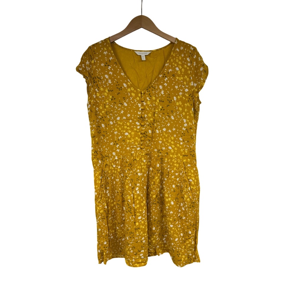 Garnet Hill Mustard Yellow Floral Button Front Mini Dress Size S Pocket Ecovero